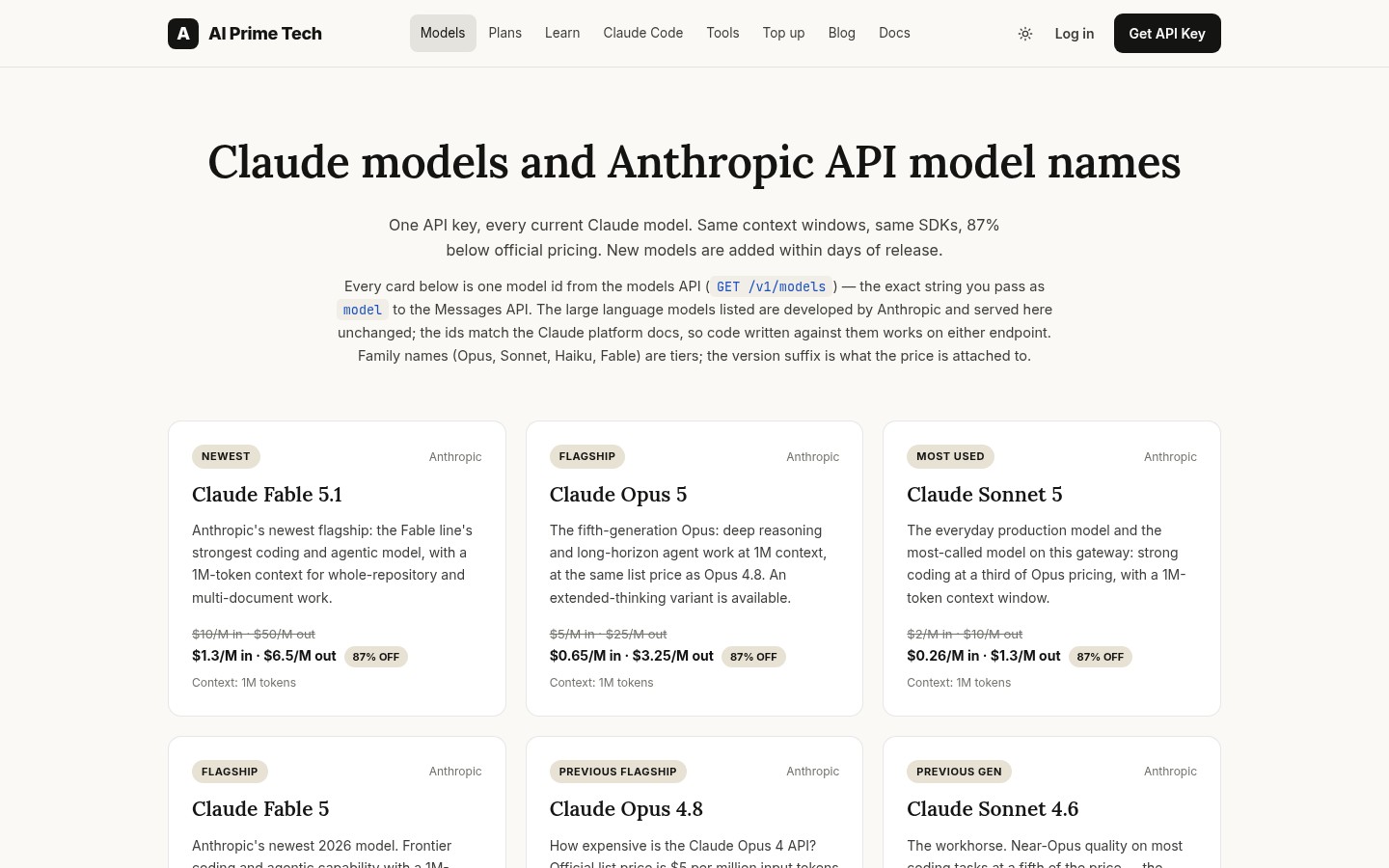 A model catalogue listing every Claude id with its list and effective price.